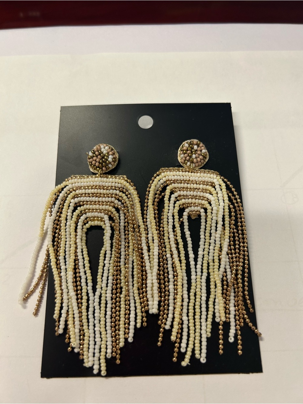 Beaded Fringe Drop Earrings - Gold & Cream